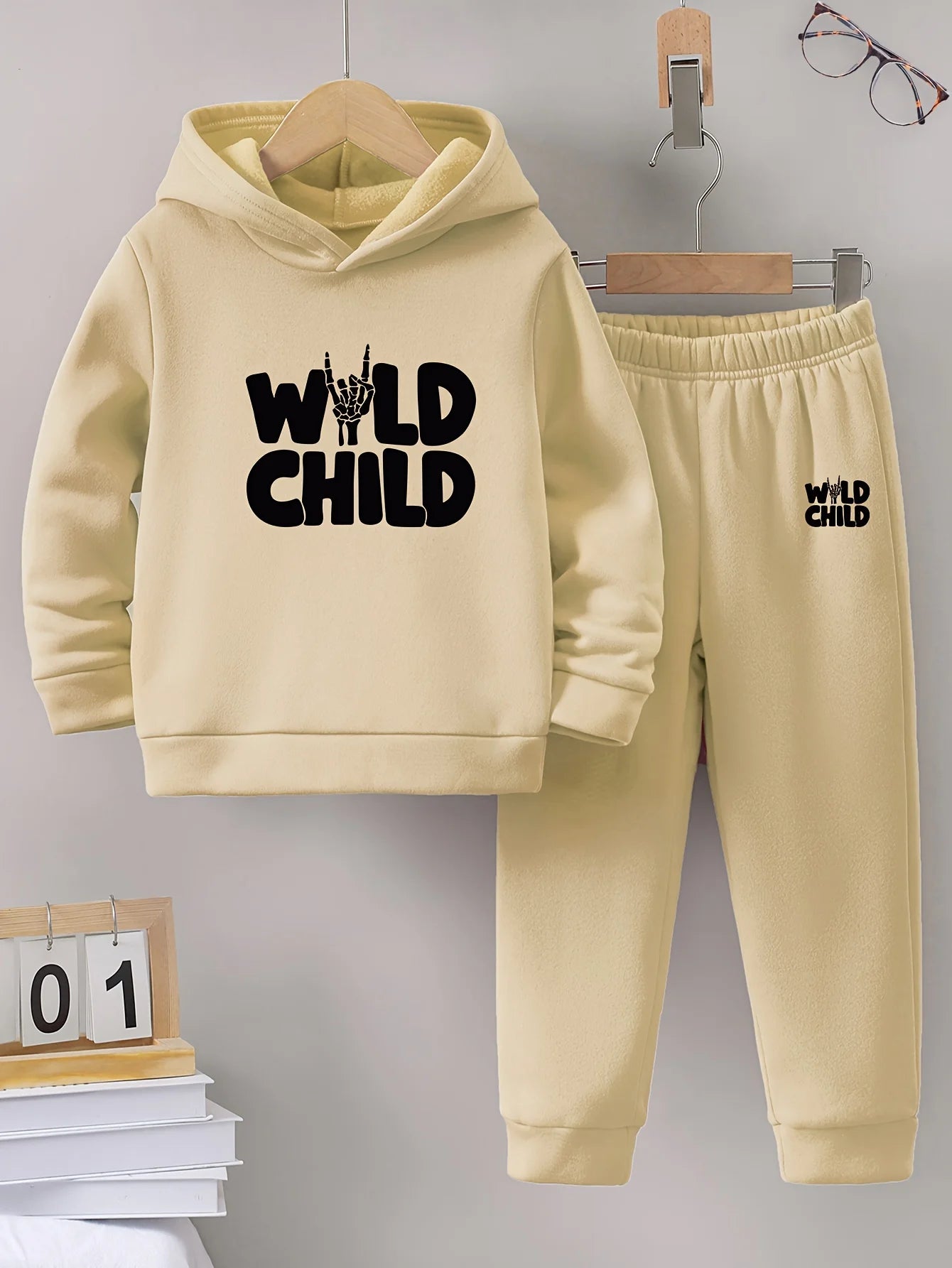2set Autumn and winter new casual comfort sports style warm boys printed warm lining hoodie and tracksuit pants
