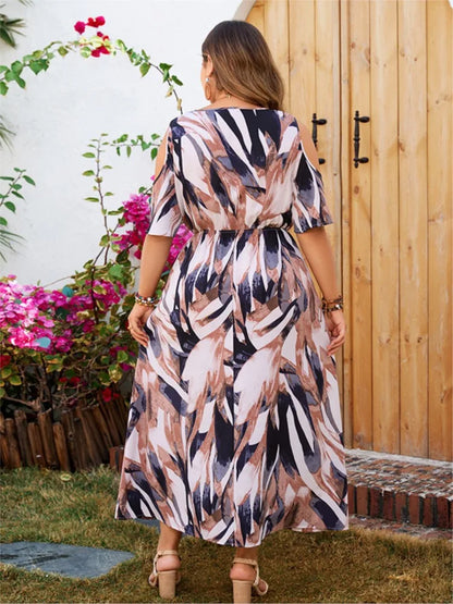 Plus Size Summer Long Dress Women V-Neck Fashion Irregular Short Sleeve Ladies Dresses Graffiti Print Casual Loose Woman Dress