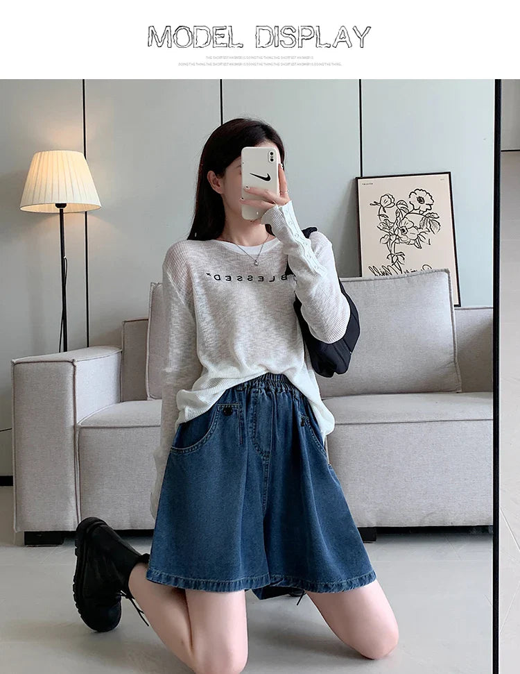 New 2024 Summer Plus Size Denim Shorts For Women High Elastic Wasit Wide Leg Loose Blue Jean Short Women Streetwear Half Jeans