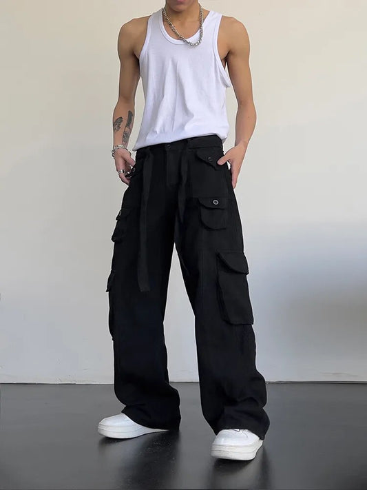 High street retro casual large pocket overalls men's and women's summer high waist