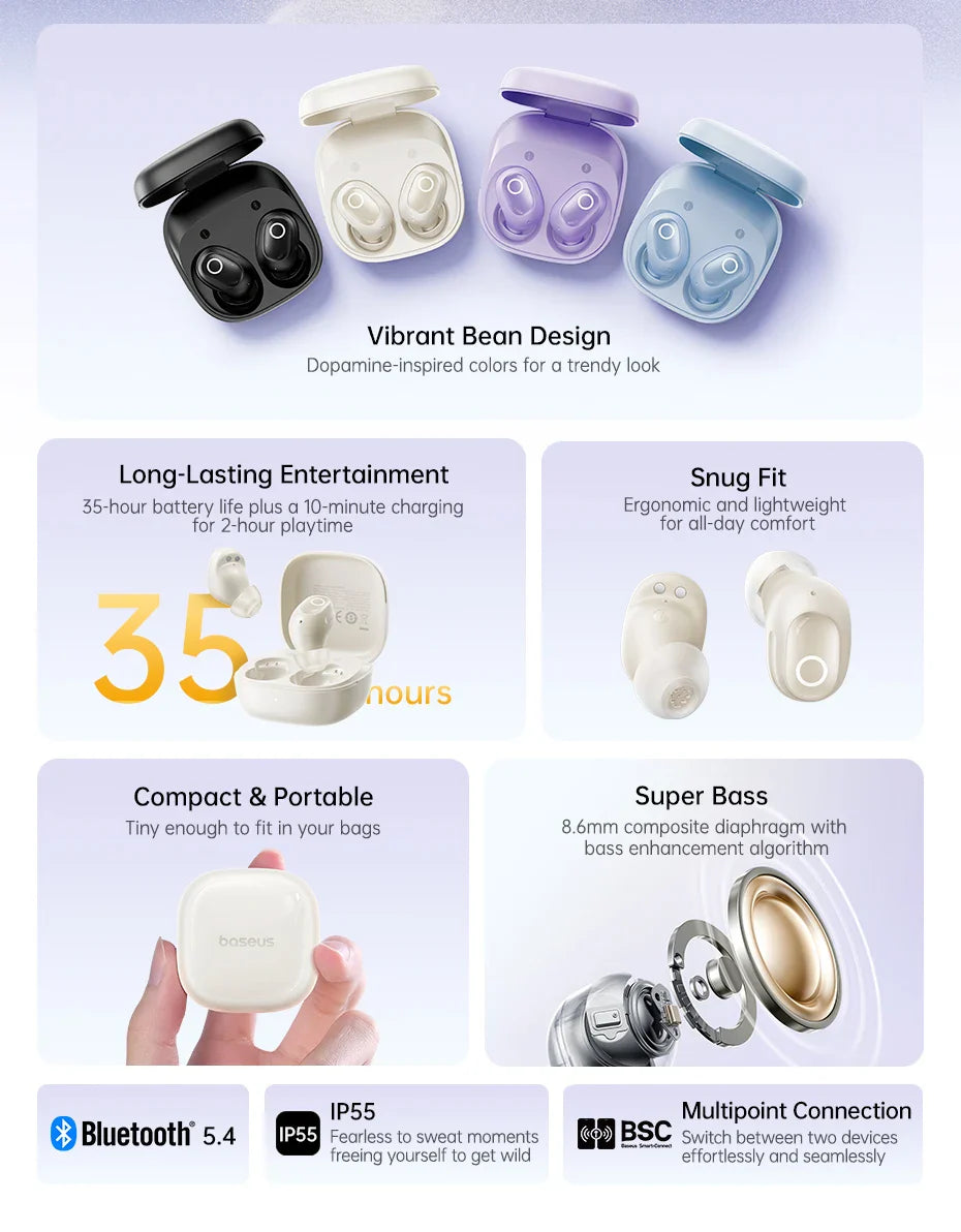 Baseus Bass BD1 Wireless Earphones Bluetooth 5.4 Mini Bean Earbuds 38H Playtime IP55 Waterproof Sports Headphones