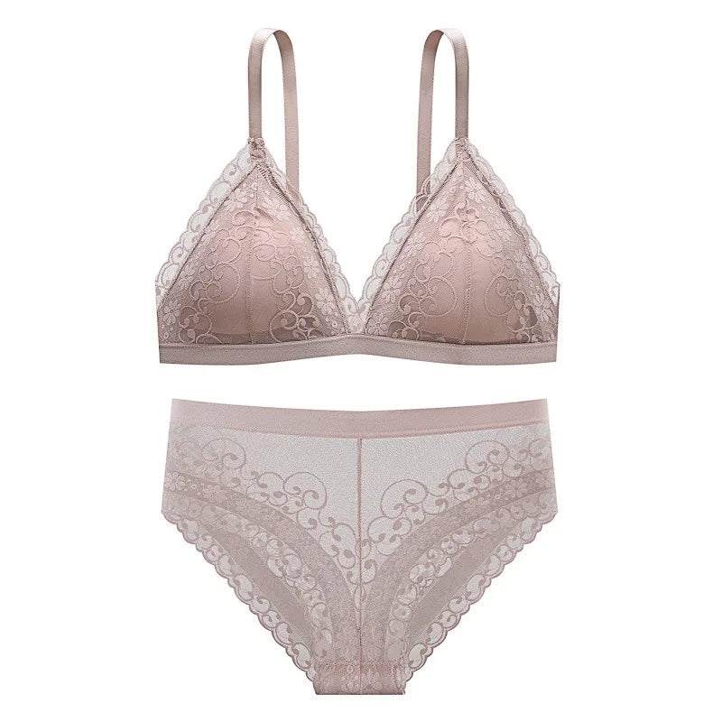 Women Lace Bra Set Deep V Bralette Low Waist Panties Seamless Underwear