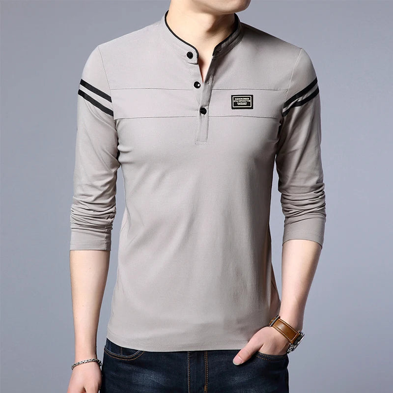 Men's Fashion Summer Long Sleeved POLO T-shirt Casual Cotton Breathable Top Stand Up Neck Long Sleeve Korean Comfortable Shirt