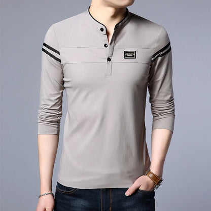 Men's Fashion Summer Long Sleeved POLO T-shirt Casual Cotton Breathable Top Stand Up Neck Long Sleeve Korean Comfortable Shirt