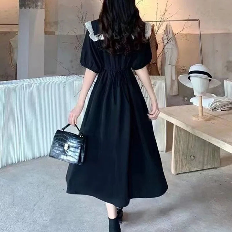 Baby Collar Academy Style New 2023 Bowtie Dress Women's Summer Korean Version Patchwork Lacing Plus Size Mid Length Dresses