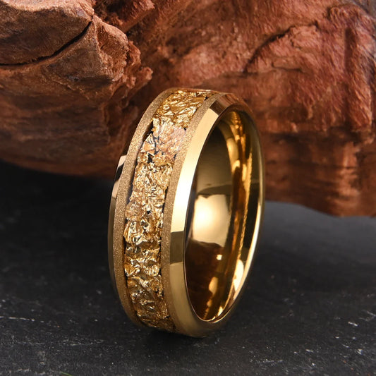 Golden Tungsten Carbide Ring 8mm/6mm Frosted Golden Leaf Men's Engagement Ring Novelty Style for Wedding Daily Wear