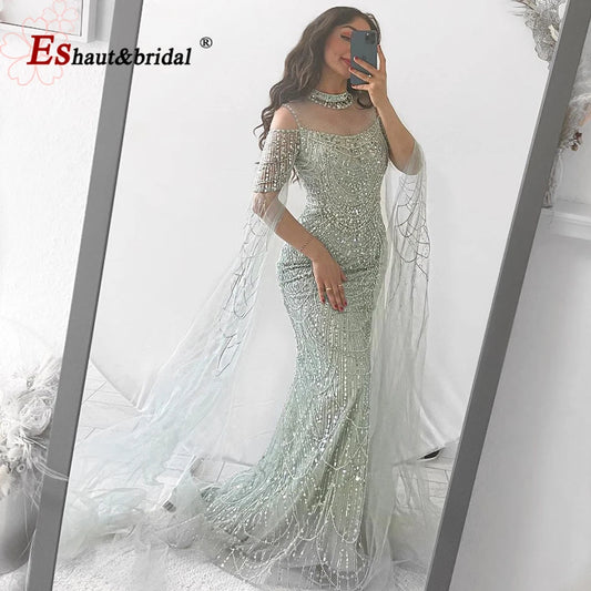 Luxury Mermaid Evening Dress with Cape Sleeves for Women