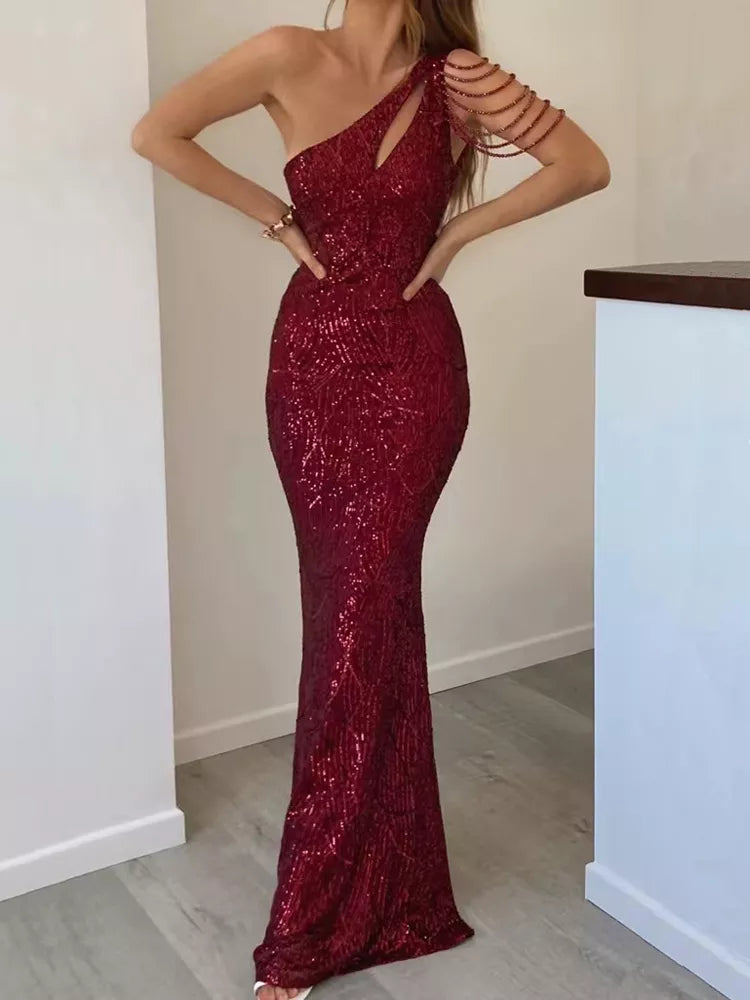 Evening wear Dresses: Gold Sequin Dress Women Beading Long Dress Party Maxi Dress