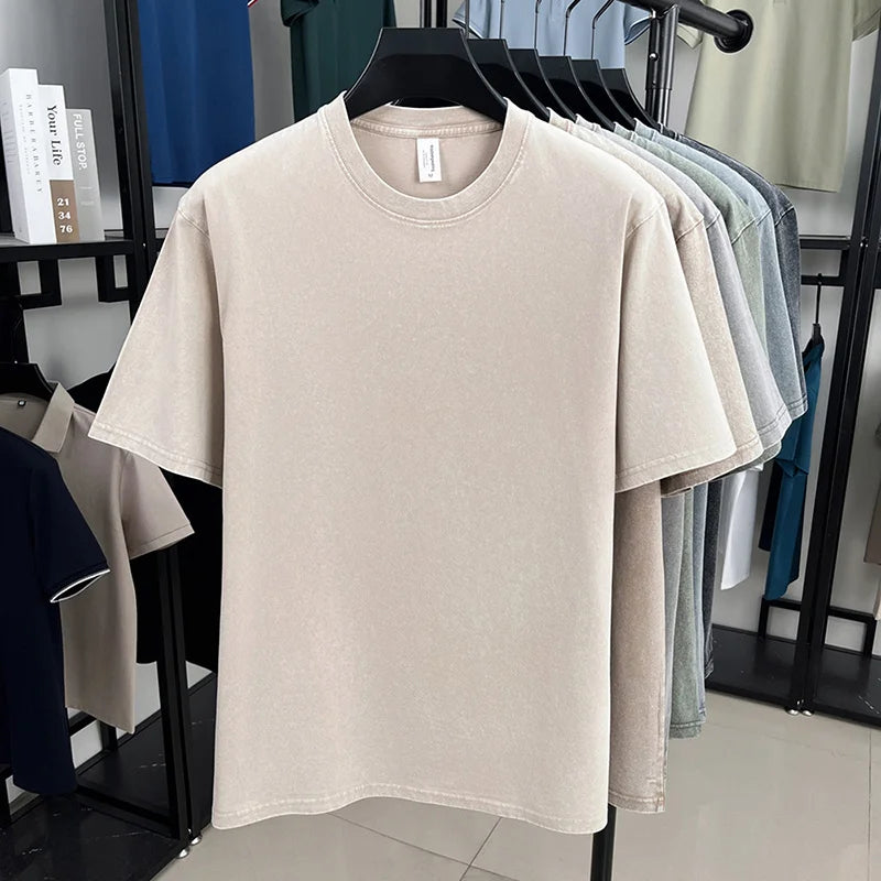 American Style Retro Heavyweight Solid Color Short Sleeved T-shirt Men Women Summer Street Trendy Washed Old Oversized Clothes