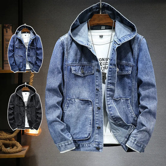 Casual Denim Hooded Jackets Men Hip-hop Streetwear Winter Cotton Classic Jeans