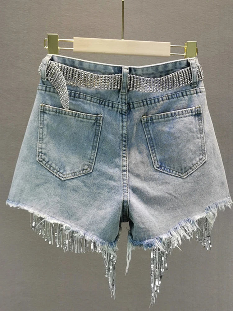 Waist Beads Tassel Women's Denim Shorts Summer Beading Wide Leg Thin