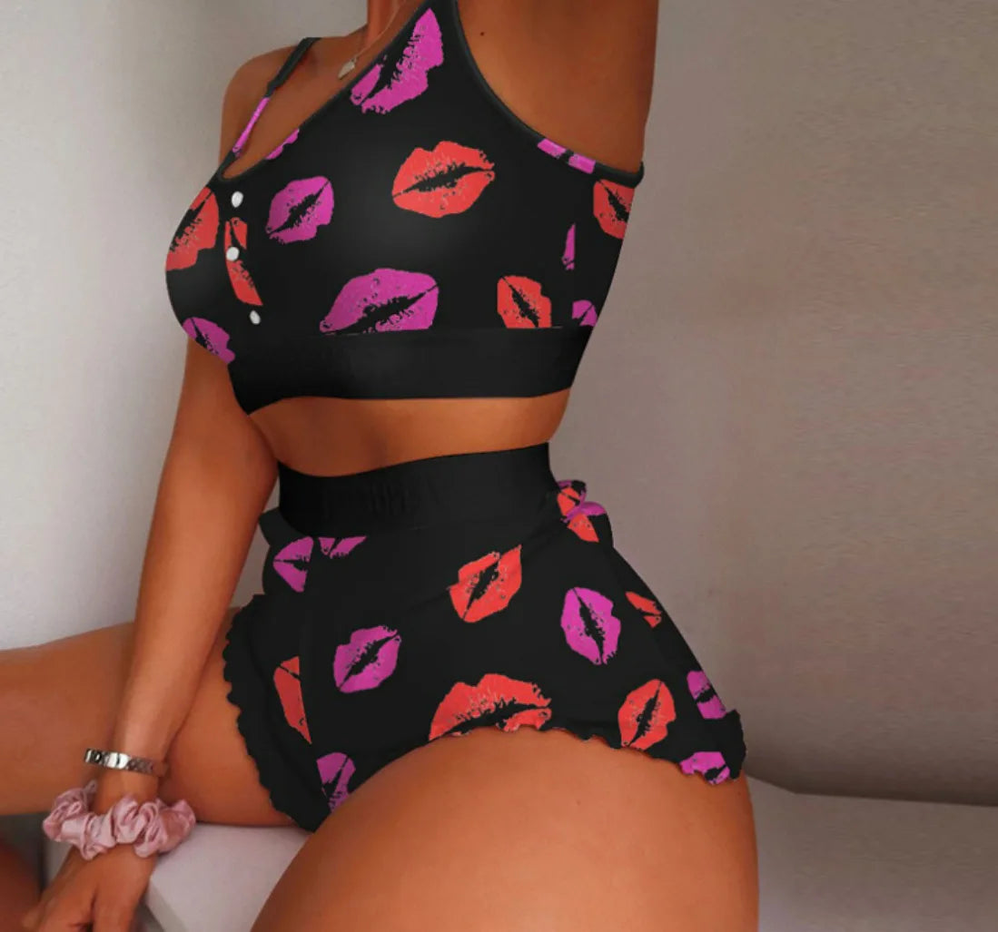 2 Pieces Set Women's Pajama Shorts Suit Multiple Print Underwear Lingerie