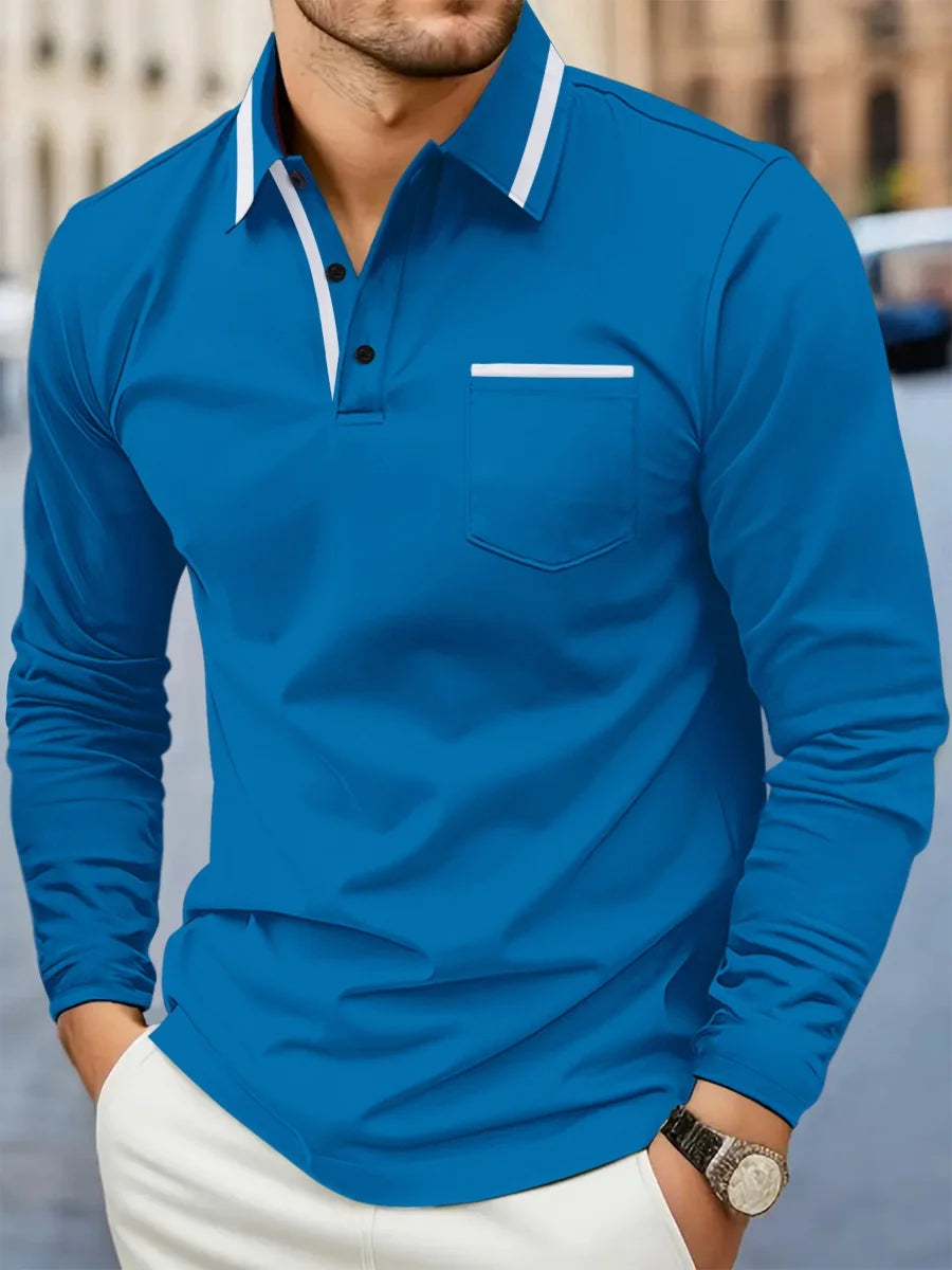 Spring and fall best-selling fashion golf men's lapel pocket comfortable casual sports solid color long sleeve breathable top