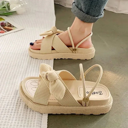 New Style Fairy Style Lady Summer Slippers Thick Platform Flat Sandals with Butterfly-Knot Summer Flip Flops Sandals Women Shoes