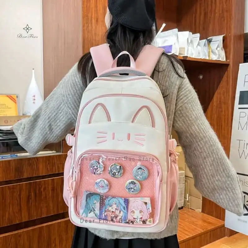 Y2K Cute Cat Ita Backpacks Large Capacity Knapsack Casual Girl Transparent DIY Display Rucksack Cartoon Trendy Travel Schoolbags