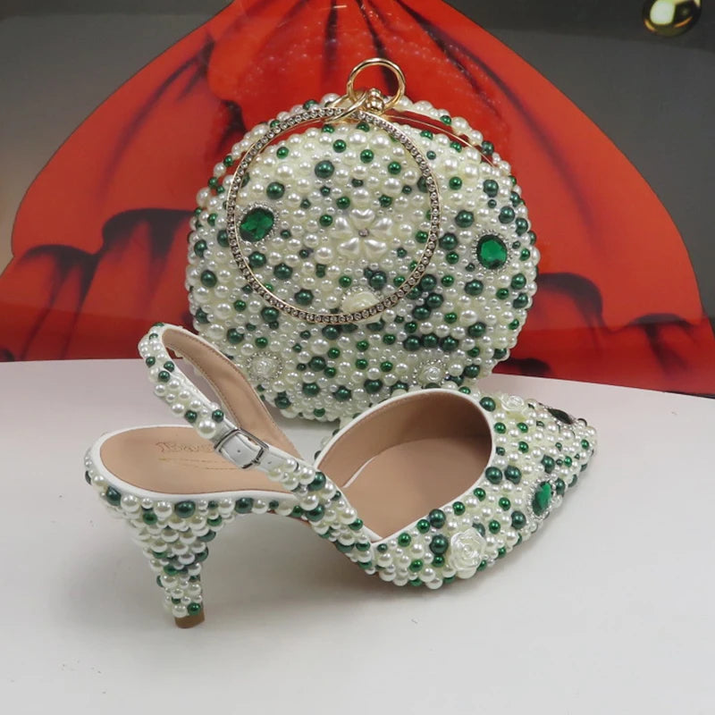 BaoYaFang Green Pointed Toe Pearl Bridal wedding shoes and Bag Thin Heel Slingbacks Female Ladies Party Shoe Shallow Women Shoes
