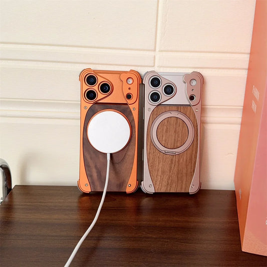 Walnut Wood Metal Aluminum Phone Case For iPhone 17 Pro 17 Pro Max Magnetic Bracket Shockproof Drop-proof Protection Cover