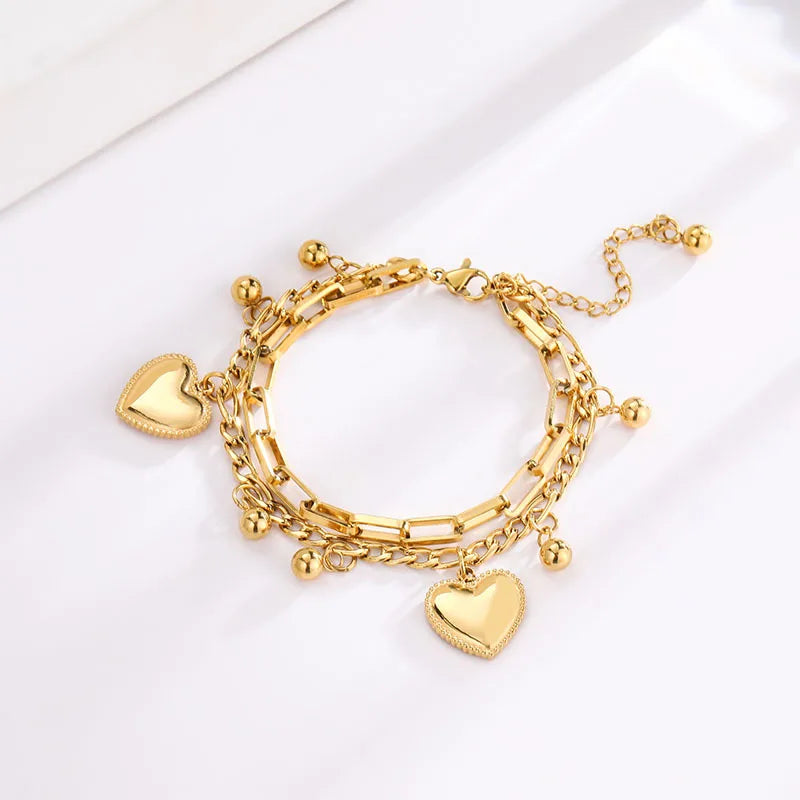 1 Piece Of Women's Minimalist And Fashionable Metal Double-layer Love Pendant Bracelet, Trendy And Versatile Accessory -2061