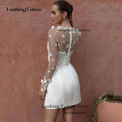 Classic A-Line Mini White Wedding Dress Satin Lace Long Sleeve 3D Flower