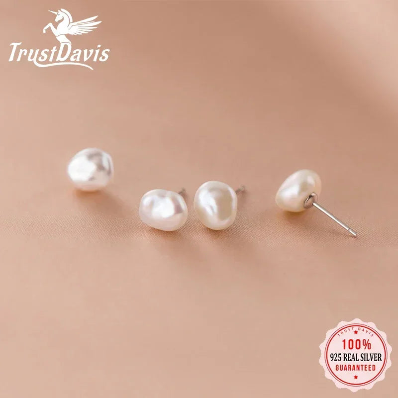 Trustdavis Authentic 925 Sterling Silver Sweet Irregular Pearl Stud Earrings For Women Wedding Party FIne Jewelry DA1224