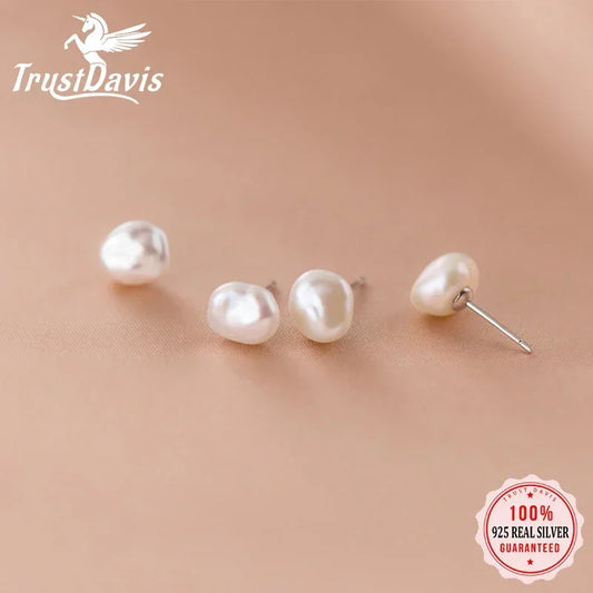 Trustdavis Authentic 925 Sterling Silver Sweet Irregular Pearl Stud Earrings For Women Wedding Party FIne Jewelry DA1224