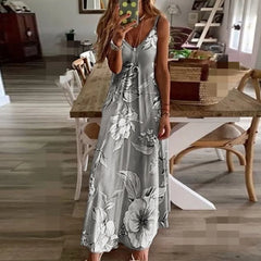 Plus Size Spring Summer Dress Women Floral Print V-Neck Long Dresses Casual