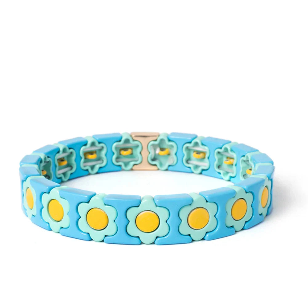 New Design Colorful Flower Charms Bangle For Women Handmade Bohemian Elastic Flower Bracelets Metal Beads Jewelry