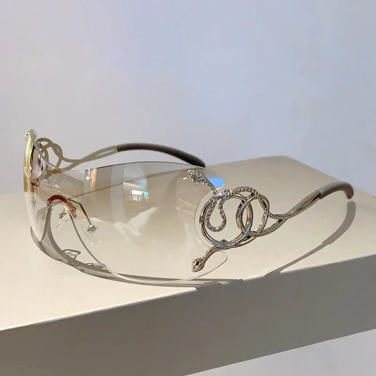 Y2K Rimless Luxury Brand Designer Sunglasses Women For Men One Piece Trendy Oversized Sun Glasses Metal Snake Pink Punk Shades