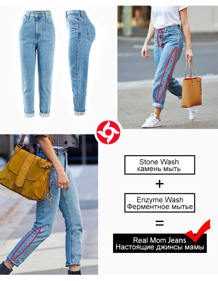 Cotton Vintage High Waist Mom Baggy Jeans Women`s Blue Denim Pants