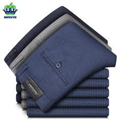 Spring Summer Plaid Suit Pants Men Cotton Work Formal Slim Classic Business Blue