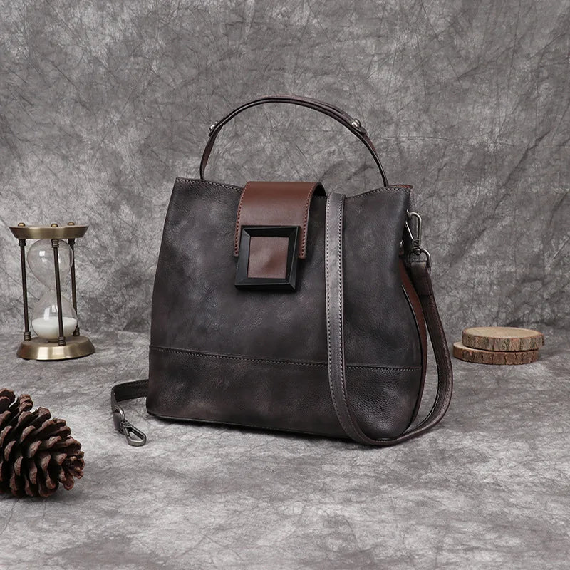 Women's Bag Retro Genuine Leather Shoulder Bags Handmade Women Bucket Bag