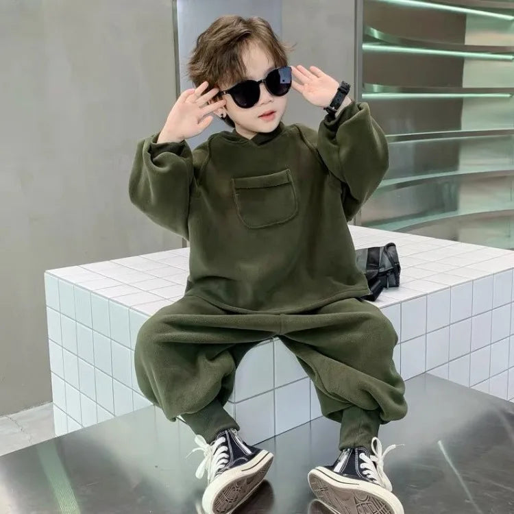 Boys' Cool-Style Autumn-Winter Polar Fleece Two-Piece Outfit