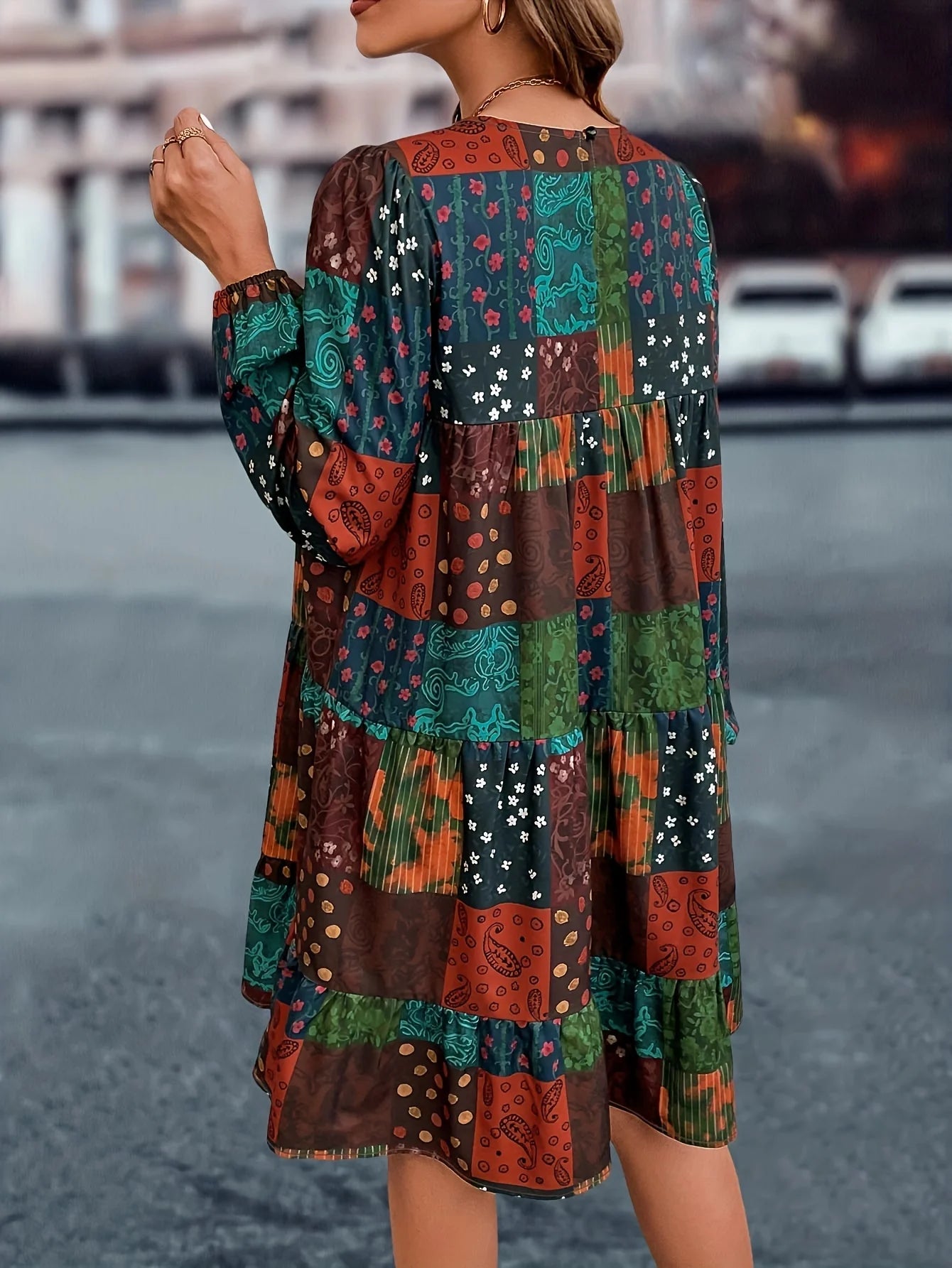 Plus Size Long Sleeved Printed Dress