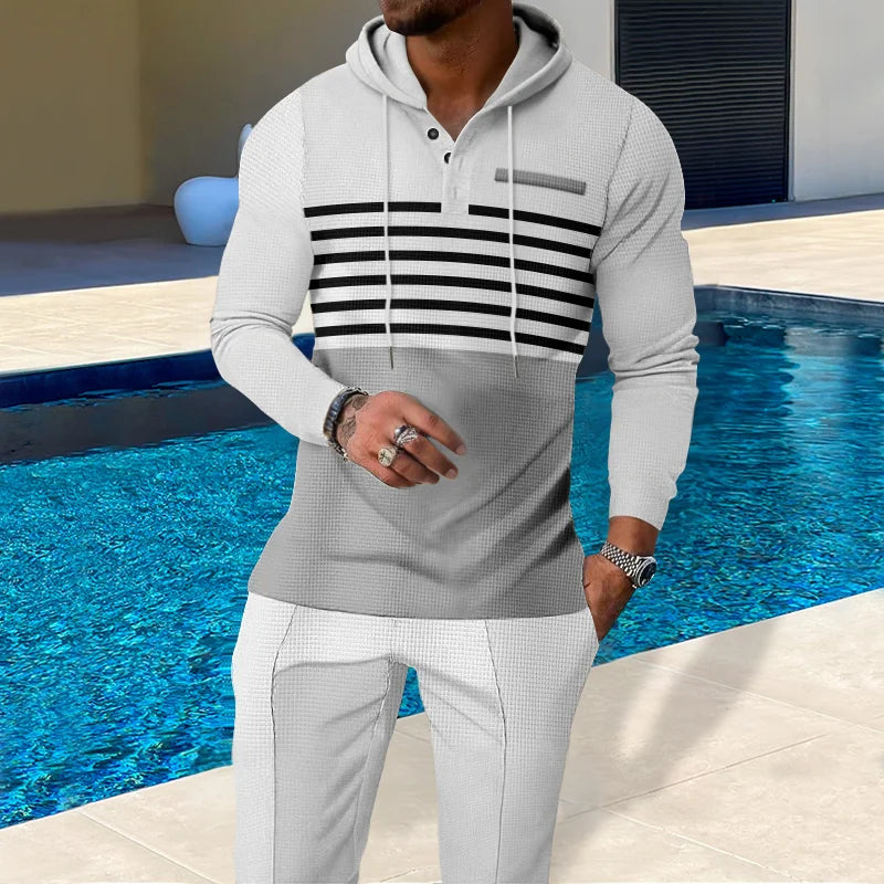 New Men's Waffle Casual Set Outdoor Four Seasons Versatile Trendy Stripe Color blocked Hoodie, Casual Pants Two Piece Set