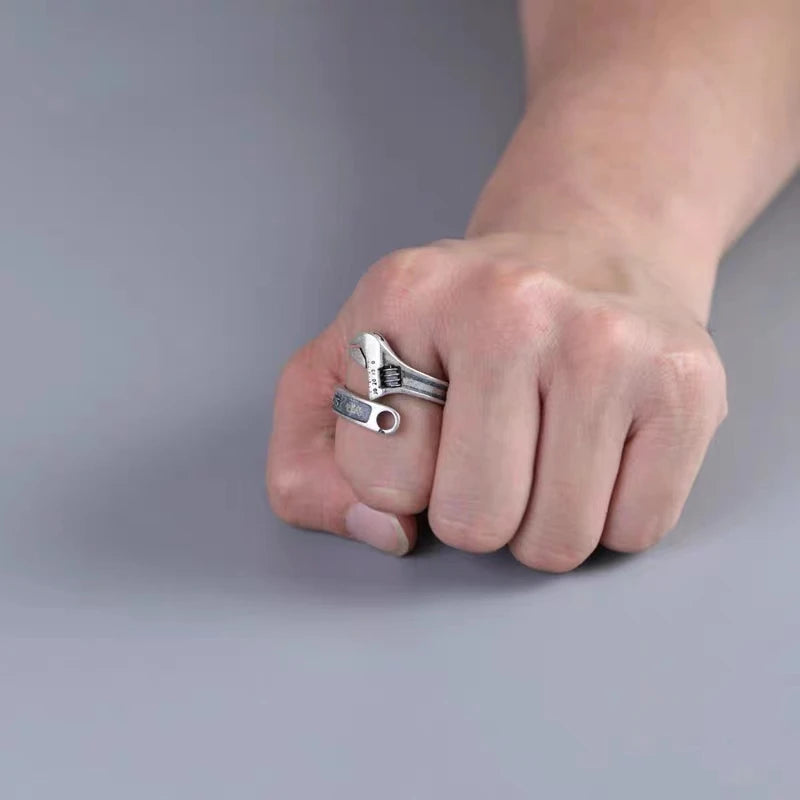 Tool Wrench Open Ring Silver Plated Adjustable Ring Men Motorcycle Bike Riding Hip Hop Rock Trend Jewelry