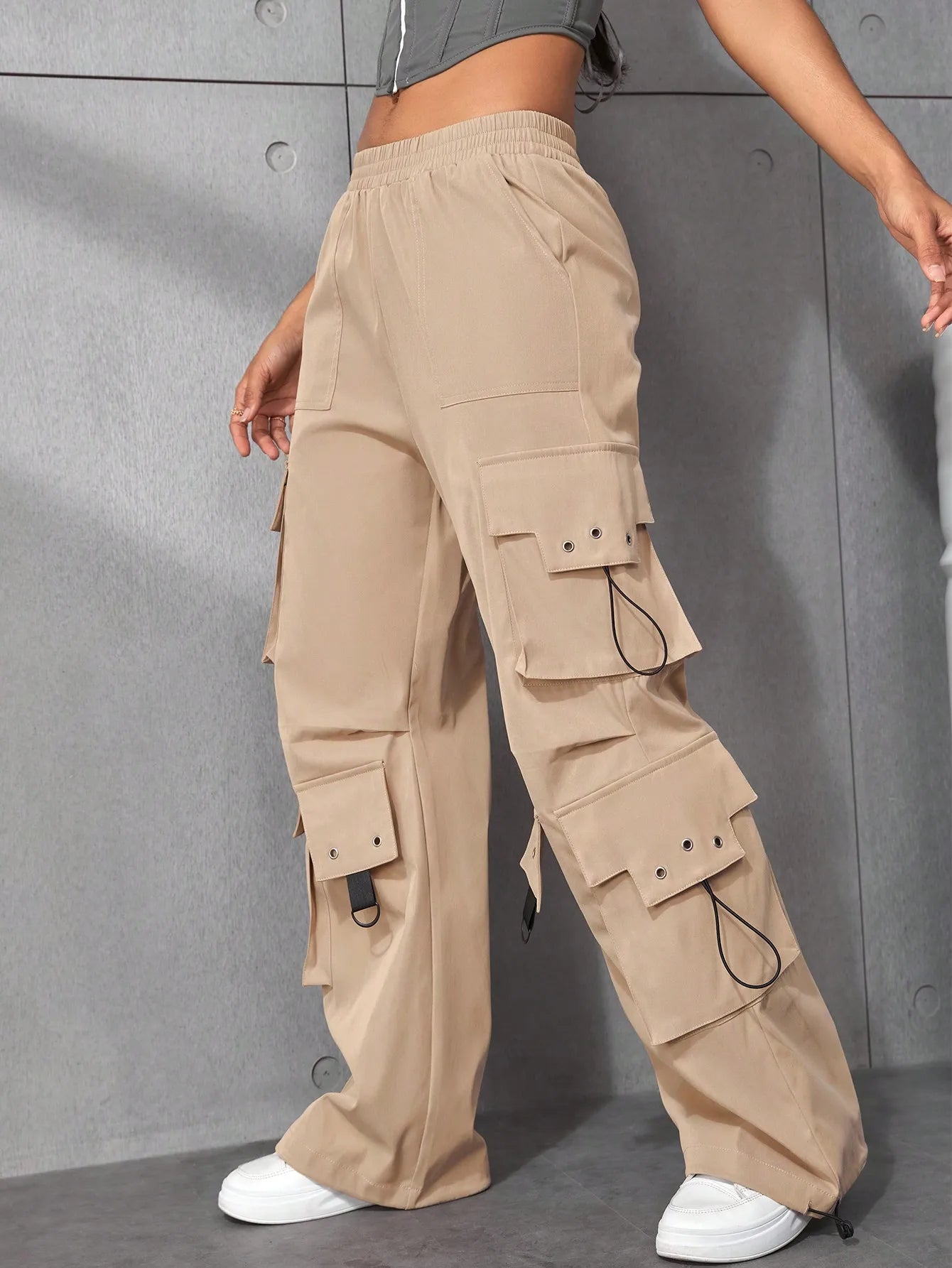 High Street Trend Hip Pop Flap Pocket Side Elastic Waist Loose Straight Cargo Pants