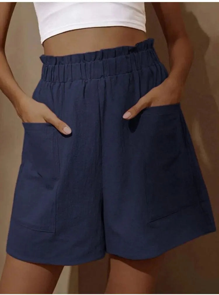 Summer New Loose Large Size Casual Shorts Women's Solid High Waist Casual Pants Two Pockets Wide Leg Pants Female Shorts Sport