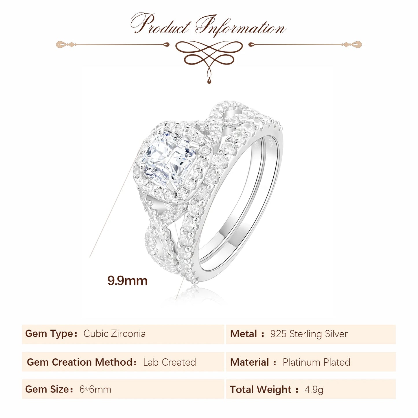 Potiy Infinity 1ct Cushion Cut Cubic Zirconia Solitaire Wedding Engagement Ring Promise Bridal Sets Anniversary Gift For Her 925