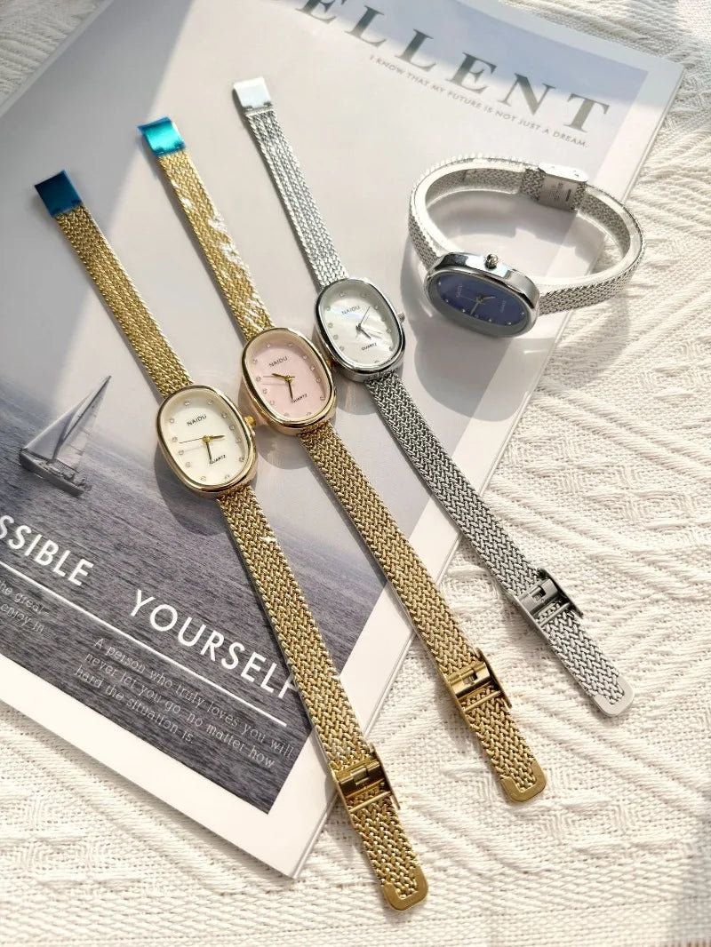 New Brand Quartz Watch for Women Luxury Gift Oval Dial Rhinestone Watch Adjustable Stainless Steel Strap Wristwatches Wholesale