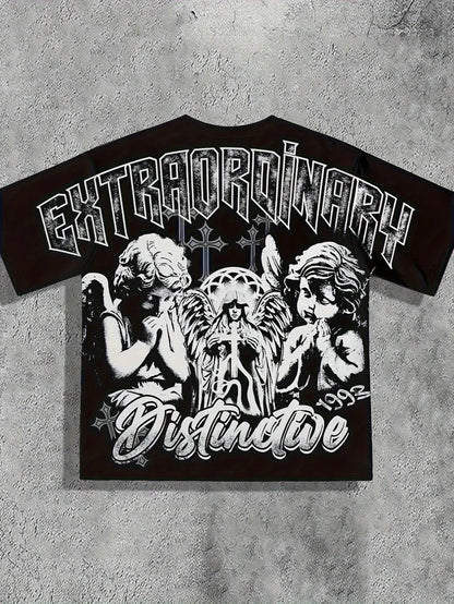 European and American men's summer retro little angel print comfortable and breathable round neck T-shirt outdoor street fashion