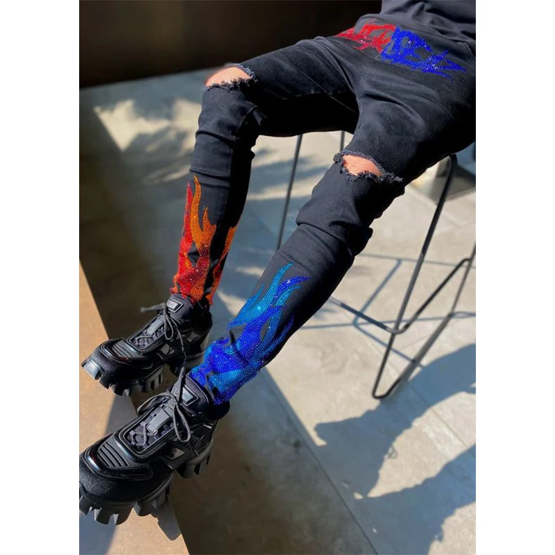 Men Luxury Black Stretch Skinny Ripped Jeans Hot Drilling High Quality Designer