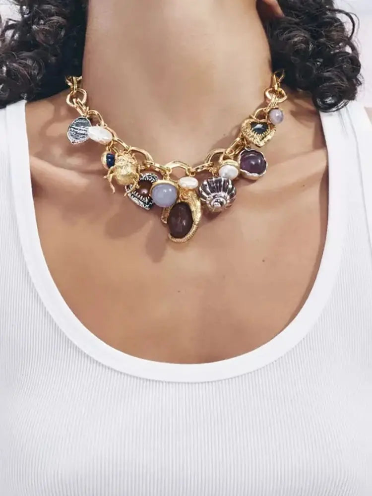 Best Lady ZAA Luxurious Animal Jewelry Pendant Necklace and Earrings Set, Bohemian Resin Gemstone Necklace, Party Jewelry
