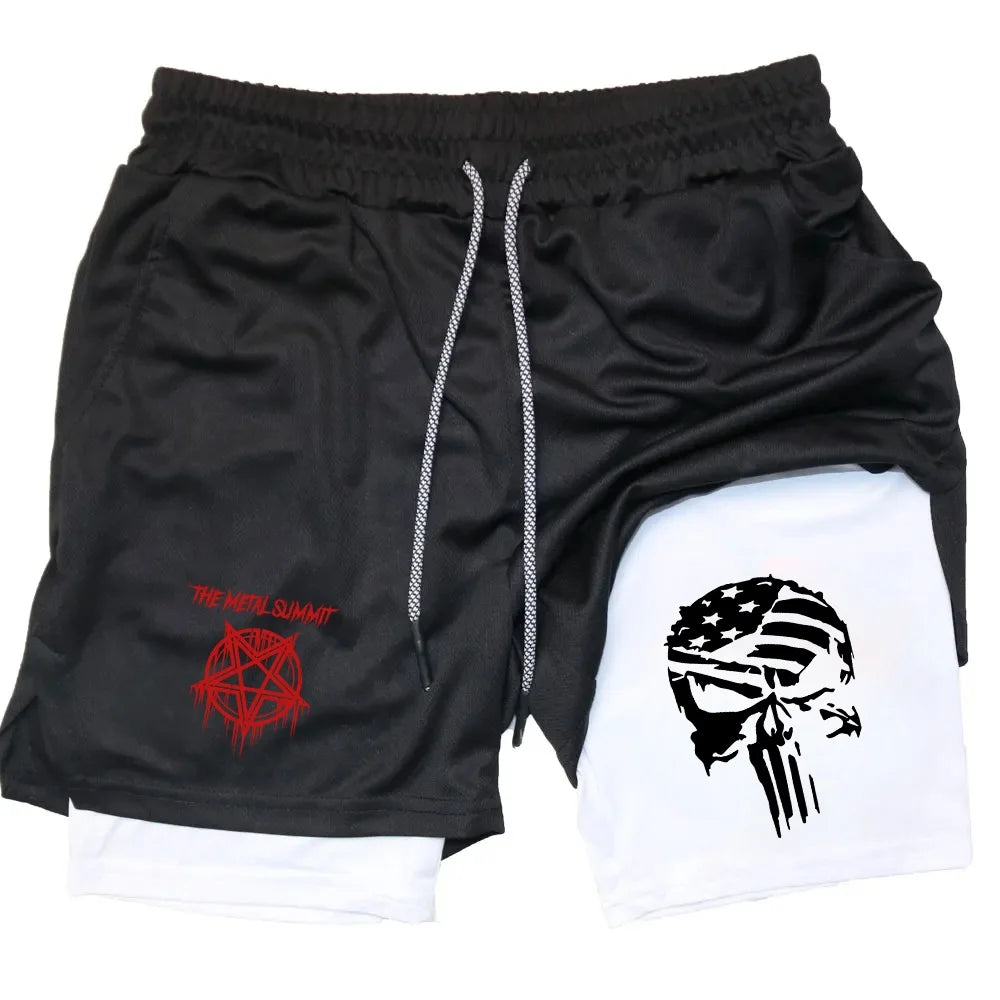Men Anime Double Layer Shorts Gym Workout Printed Sports Multi-performance Training Quick-drying Jogging Pants Towel Pants M-3xl