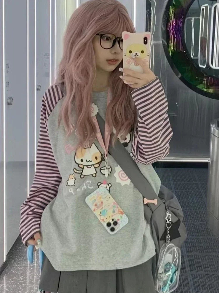 Y2k Harajuku Kawaii Striped Hoodie Women Japanese Fashion Patchwork
