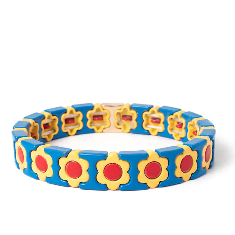 New Design Colorful Flower Charms Bangle For Women Handmade Bohemian Elastic Flower Bracelets Metal Beads Jewelry