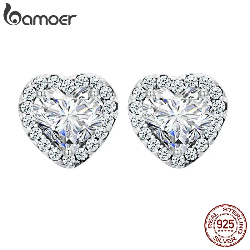 BAMOER Gold Plated Halo CZ Stud Earrings 925 Sterling Silver Hypoallergenic Classic Elegant Heart Earrings Jewellry BSE894