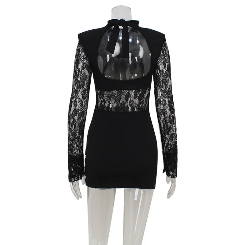 CNYISHE Patchwork Lace Hip Wrap Sheath High Collar Women Dresses Long Sleeve Sexy Club Fashion Bodycon Sheer Female Vestidos