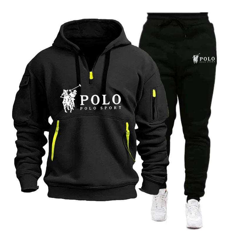Autumn and Winter 2025 new Men's casual set, a fashionable outdoor hiking windproof and warm men's hoodie and pants 2-piece set