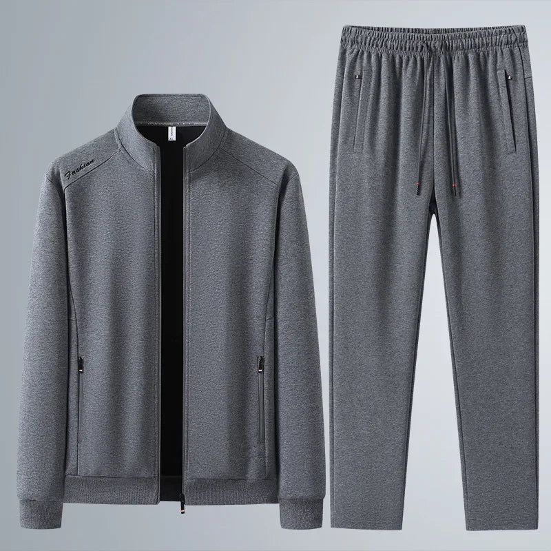 Spring Autumn New Men's Cotton Sports Suit Stand Collar Sweatshirt Middle-Aged And Elderly Casual Stylish Cardigan Loose-Fit 2-P