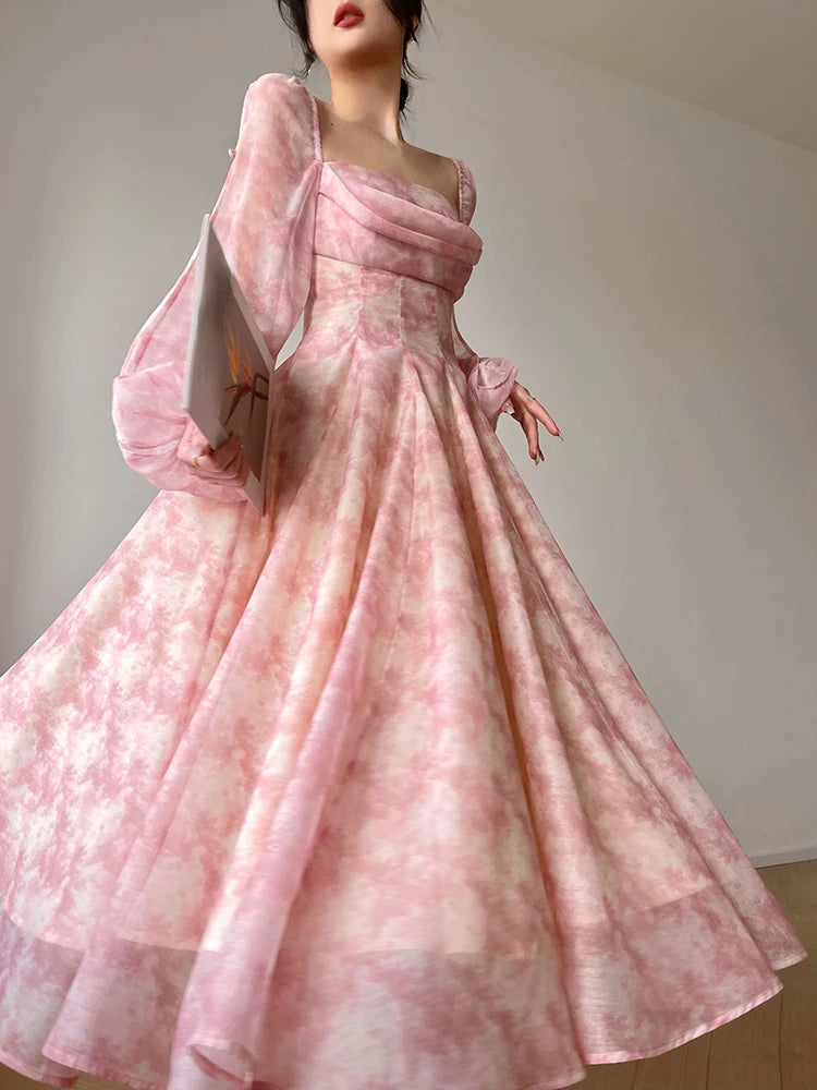 Evening Dresses: Pink Floral Dress Woman Long Sleeve Chiffon Casual Midi Dress